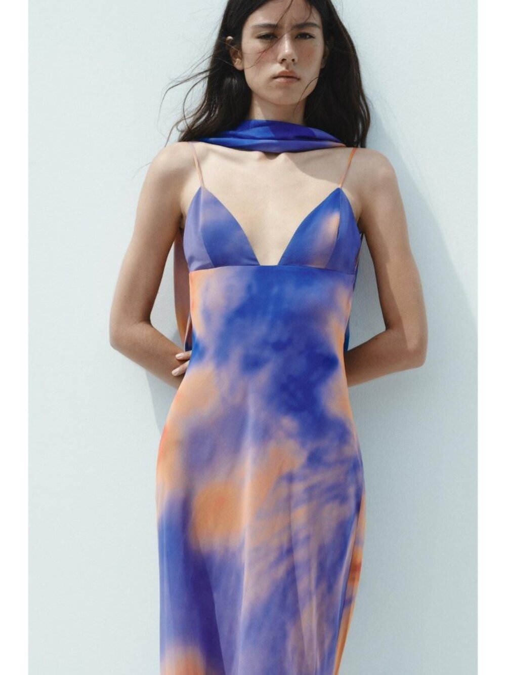Zara Women Printed Long Dress Size XS Orange Blue Tie-Dye Open Back 8221/119 NWT - Picture 4 of 14